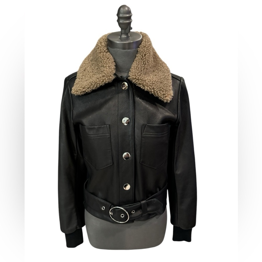 Veda Black Genuine Leather Moto Jacket Shearling Collar Small